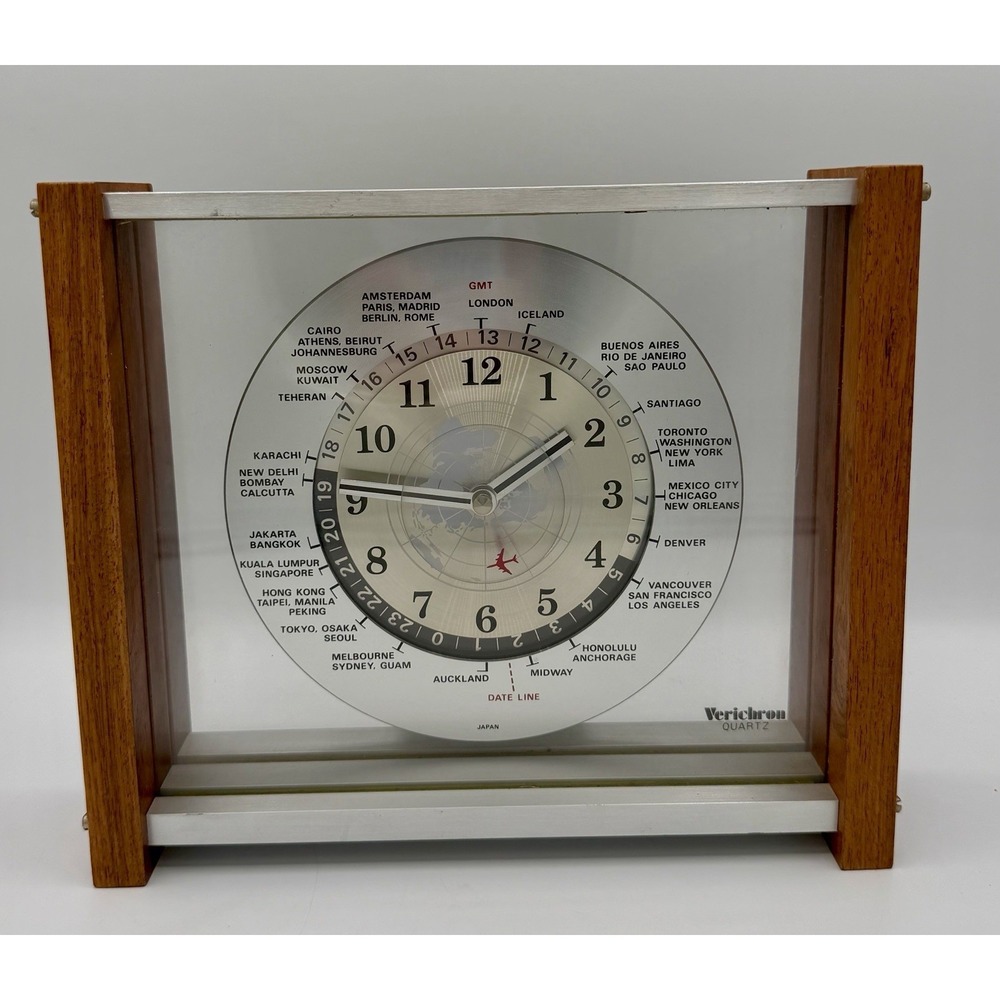 VERICHRON QUARTZ GMT WORLD MANTEL DESK CLOCK RED AIRPLANE JAPAN Vintage Tested